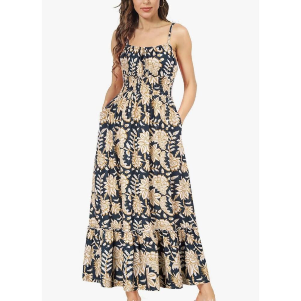 Grace Karin Floral Damask Maxi Dress Spaghetti Strap Smocked Tiered Sundress L